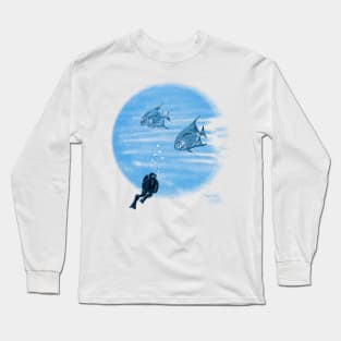 Scuba diver and shoal silver fish Long Sleeve T-Shirt